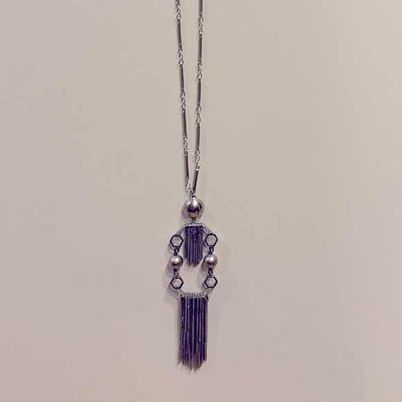 Rachel Zoe Silver Long Statement Pendant Necklace • 26” • Hammered Metal Fringe - Picture 2 of 4